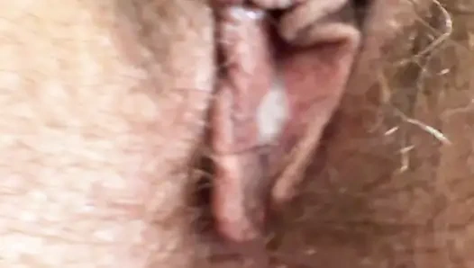 Memek basah istriku, memek berbulu closeup