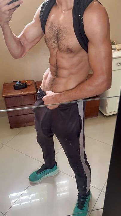 Very horny after training, sweaty, without underwear, with my 23cm dick showing