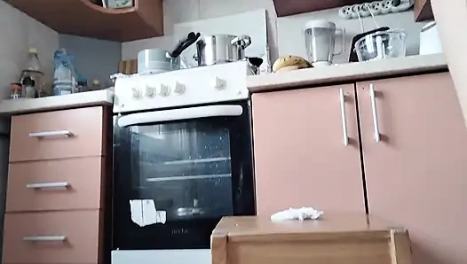 Hot Wife Prepares Naked Food in the Kitchen. Amateur Wife with Hairy Pussy, Big Tits, Big Ass.