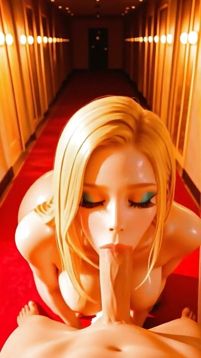 Blonde with massive heavy tits gives a wet deep blowjob in the hotel hallway