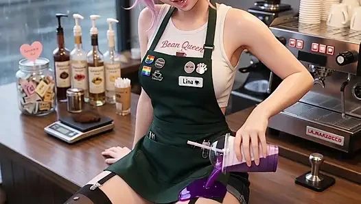 Heiße sexy kleine barista wartet auf ihren kunden, masturbiert