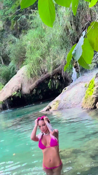 Monika Fox in Pink Bikini and Naked at Waterfall and Cave