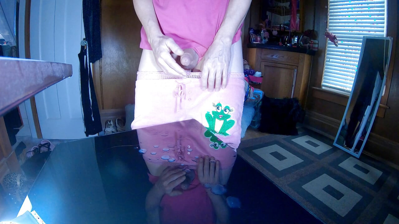 Sissy in Pink Fishnets Sprays Her Cumload All Over Her Dressing Table