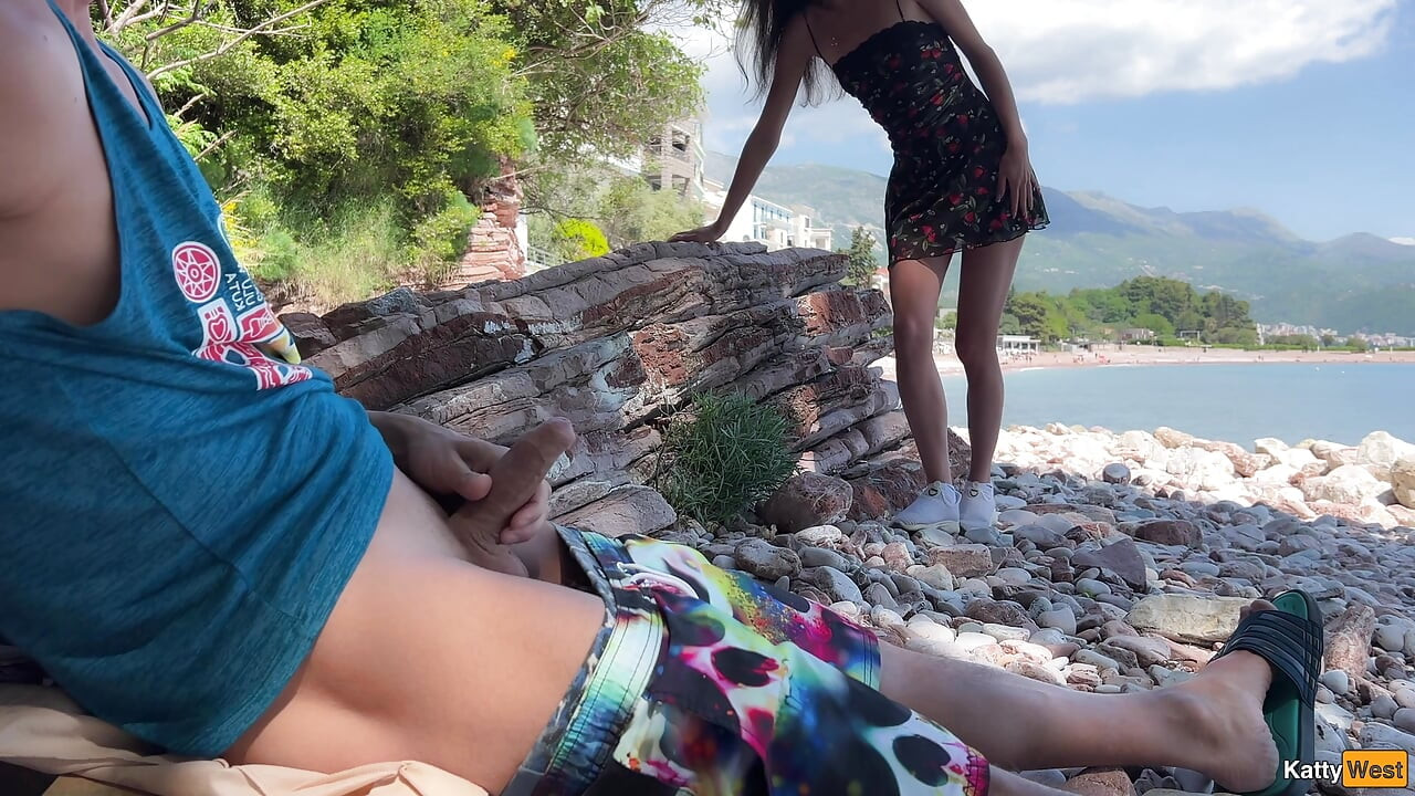 Public Dick Flashing on the Beach - I took his dick in my hand and helped him cum