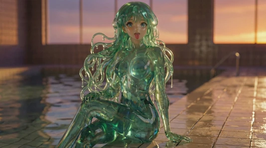 Emerald, quallefish-mädchen reiben und reiten - tropfnasse zunge