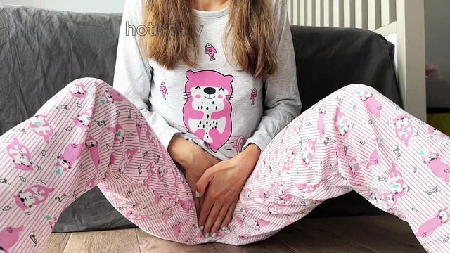 skinny babe in pajama masturbate small tits fingering pussy closeup and squirt orgasm