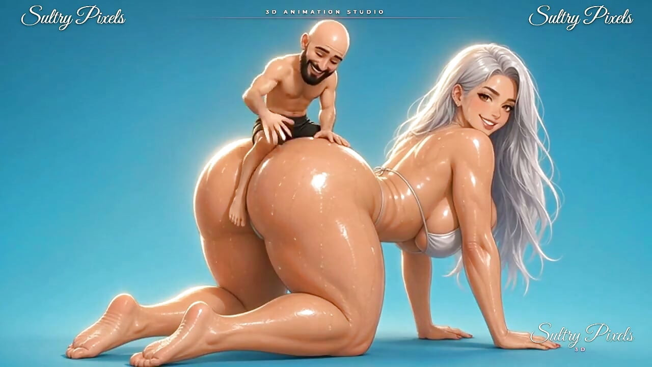Une géante anime aux cheveux argentés chevauche à quatre pattes son petit homme