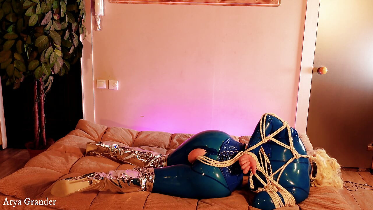 Latex bondage escape, sexy MILF submissive in rubber with gag