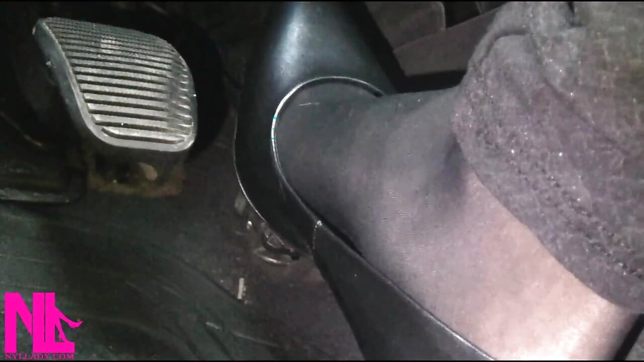 Revving and Driving in Black Pantyhose and Grey High Heels