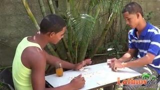 Exotic twink mates play strip domino for a blowjob