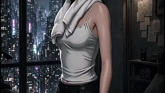 Anime green-haired cyberpunk rain window fuck