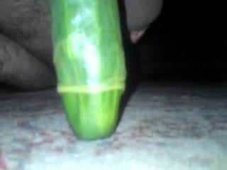 Hairy sissy shows how to ride a cucumber