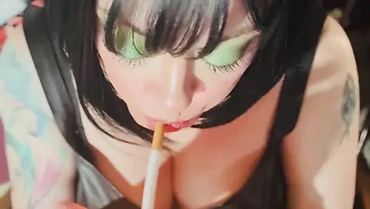 All In Black Leather Miss Tina Snua Smoking A Cork 100 Cigarette - Drifting nap Inhales Smoke Rings OME OMI