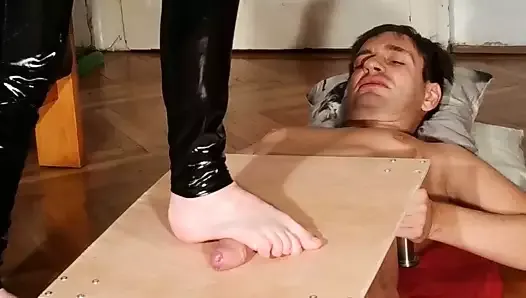 Cock stomping & slapping bare feet by latex domina p2