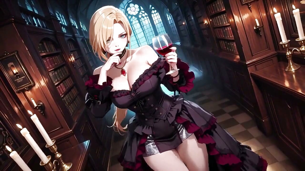 Blonde in a Black Gown Swaying on Red Velvet, Candlelight Gaze and Fan Teasing the Collarbone