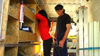 Mature sexy woman with huge tits fucks young handyman in a service van