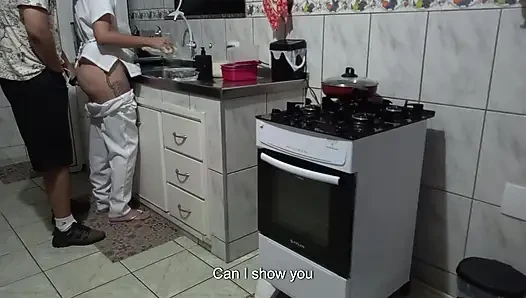 Maid had her ass used while washing dishes.