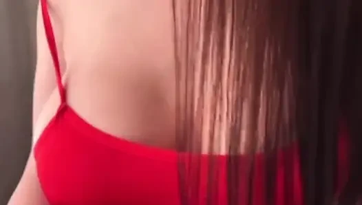 Big milky tits neighbor in a red dress