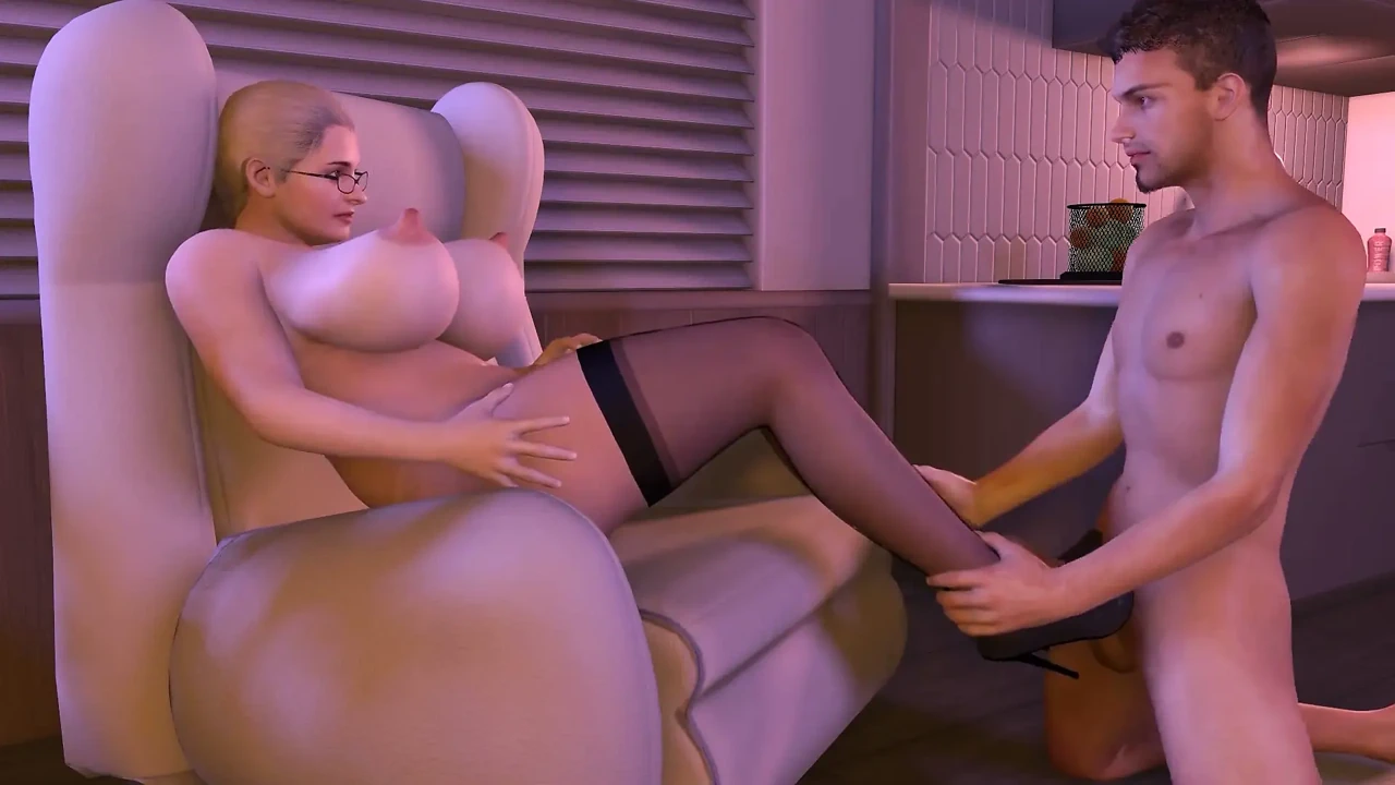 Cougar with Big Tits Gives a High Heels Footjob