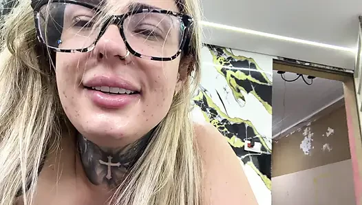 Nerdy girl feels the cuckold's cock for the first time in her face, mouth and ass
