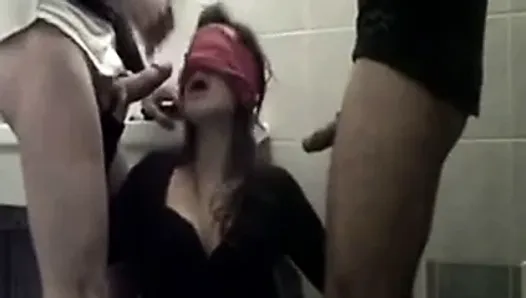 threesome blowjob with blindfolded girl