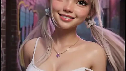 Blonde in public alley, masturbates on the floor with braces and white top