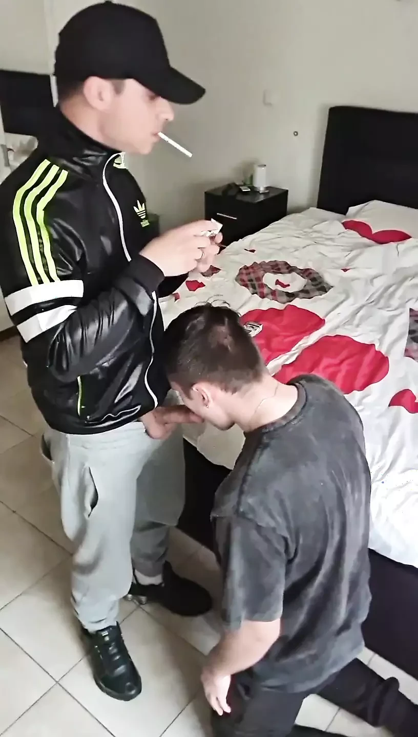 Scally Boy Smokes, Deepthroats His Gay Bitch and Cums on His Face