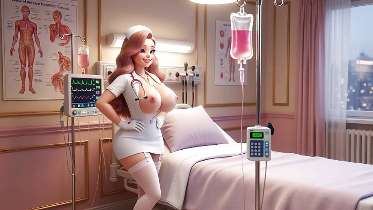 Stunning busty nurse with enormous breasts gives sensual tit massage then enjoys passionate sex on medical bed