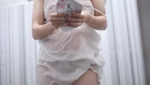 Beautiful Indonesian Girl Plump Ass in the Bathroom While Taking a Shower Again Wearing a Satin Dress