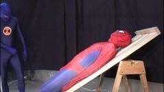 Guy in spiderman costme gets oral sex