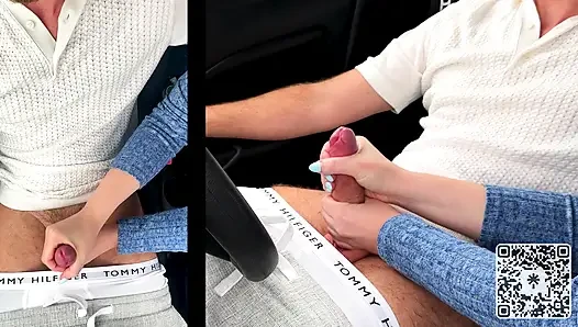 Public Parking Lot Handjob Gone Wild: Wet & sloppy Handjob leads to massive Tit Cumshot