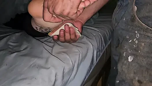 bondage footjob of asian teen feet cum on soles