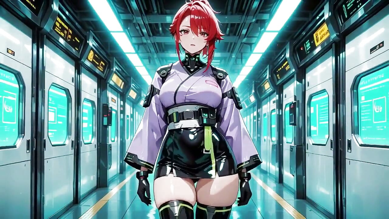 Redhead in a Cyberpunk Cockpit! Half-unbuttoned Yukata, Lounging Lazily on the Futuristic Seat