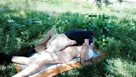 sexy bitch doused with sperm on the river bank