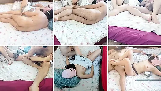 Sensual massage of a hot amateur couple with oil on the body.