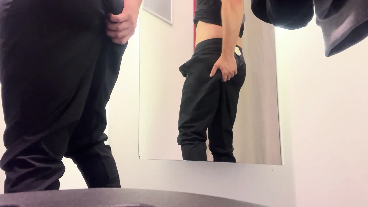 Young Boy in Thong Trying on New Pants, Sweet Ass and Popping Penis