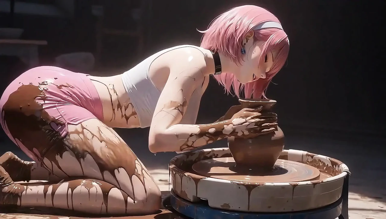 AI Pink Haired Girl Molds Clay Basin & Smears Wet All Over Her Body.