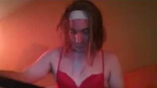 Femenization front cam. Slut sissy crossdresser with toy