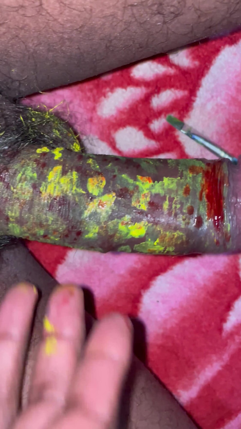 Indian Desi Boy Big cock with yellow painting. | Clip 2