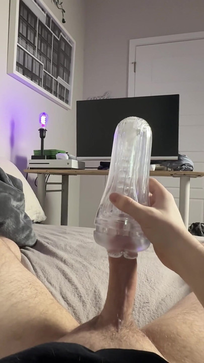 Fucking a clear pocket pussy extremely deep - see through cumshot filling up the toy and loud male moaning | Clip 1