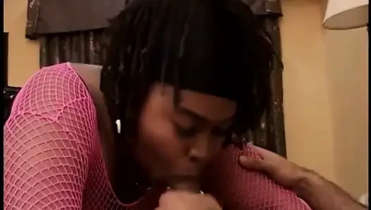 Black whore with huge tits gives juicy head and eats cum at the end