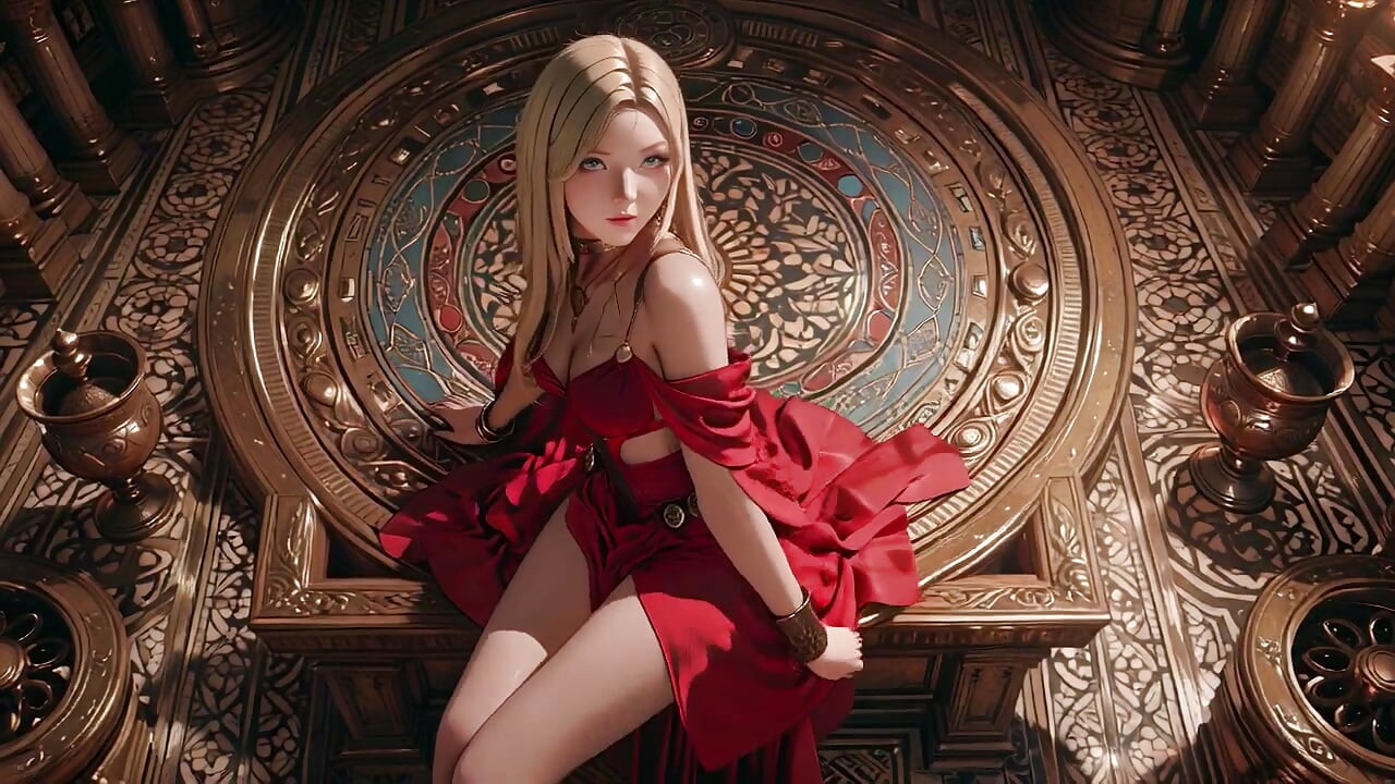 Blonde Queen in Red! Siedzi przy fontannie, poprawiając swoją rozcięta sukienkę... Oczy utkwione w tobie.
