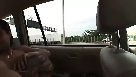 Young hunk picks up a cute blonde and fucks her in the back seat