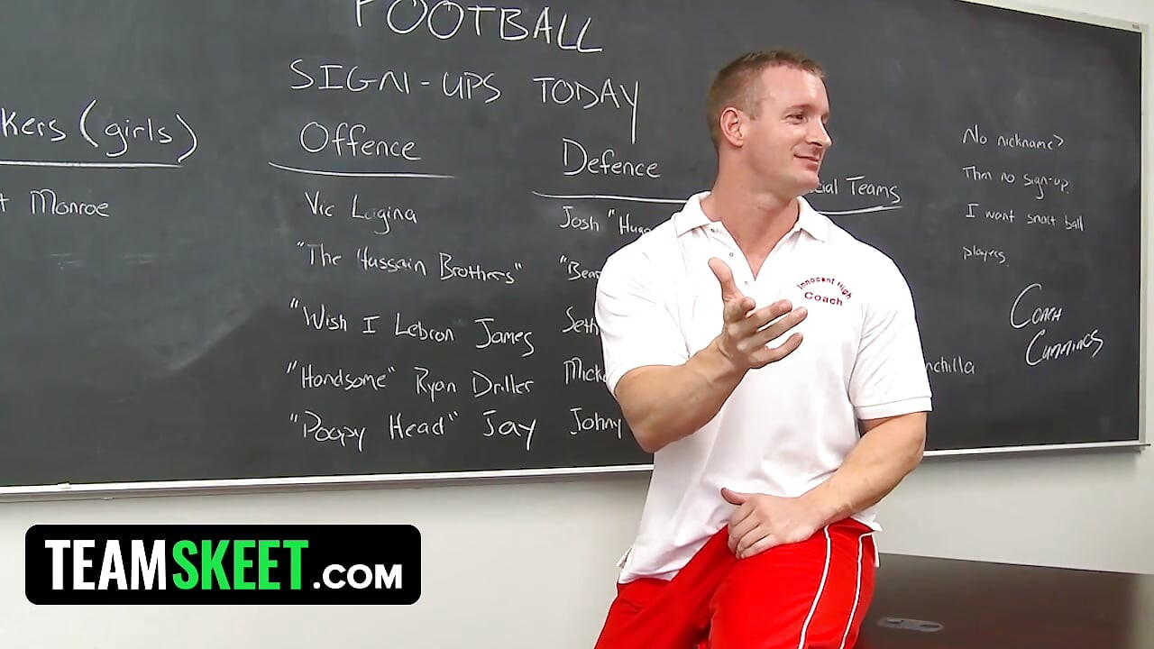 Ginger teen let football coach pound her tight pussy to get in the team