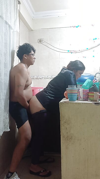 I fuck my stepsister in the kitchen, my aunt almost discovers us