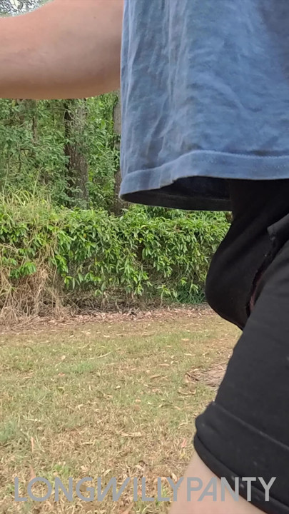 Straight amateur guy walks with dick poking out of exposed shorts