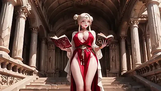 Blonde Goddess in Red! Forbidden Gaze in the Ancient Corridor, Deep V & High Slit teasing you.