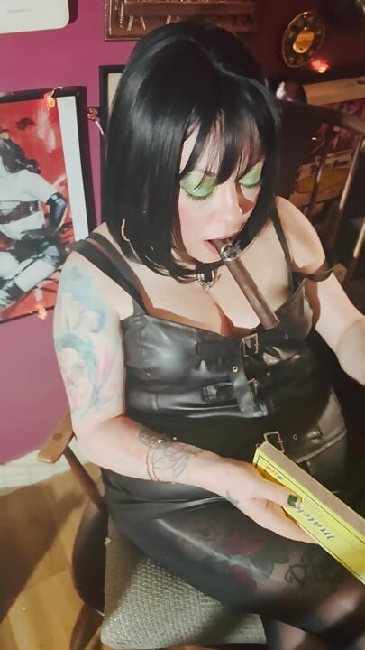 Leather & A Thick Cigar! Tina Snua Smokes A Cigar - Drifting Smoke Pantyhose