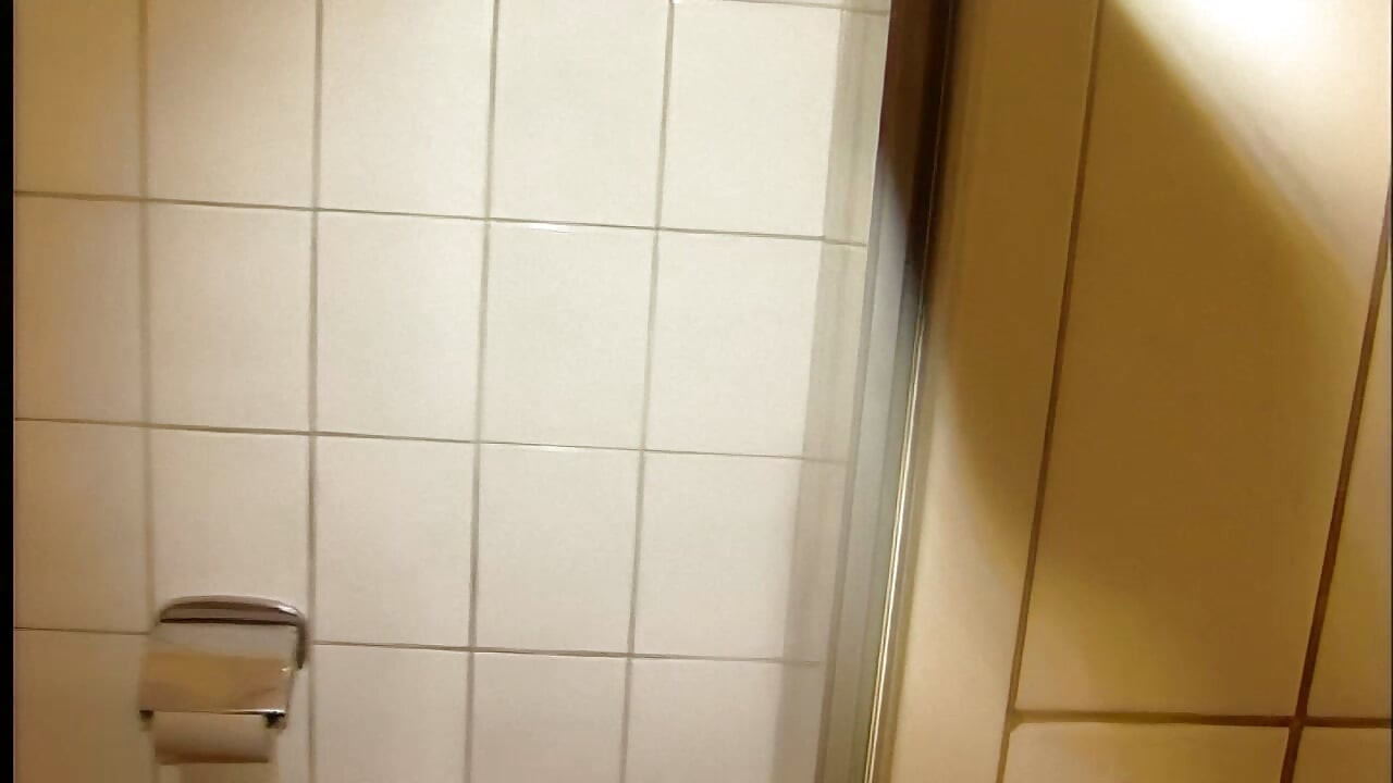 Söt brunett blåser en het kuk på toaletten