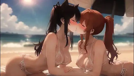 AI Gothic Beauty Meets Redhead Beauty – Beach Crossover (Eating Ice Pops)